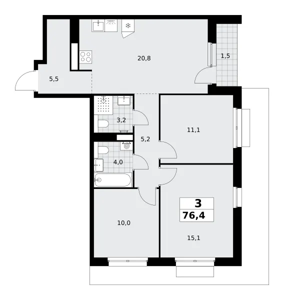 3-комн. 76.4 м²