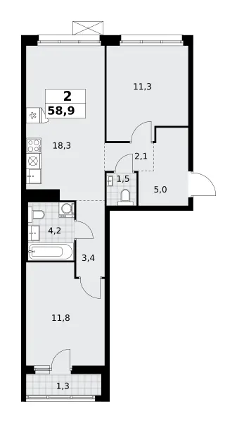 2-комн. 58.9 м²