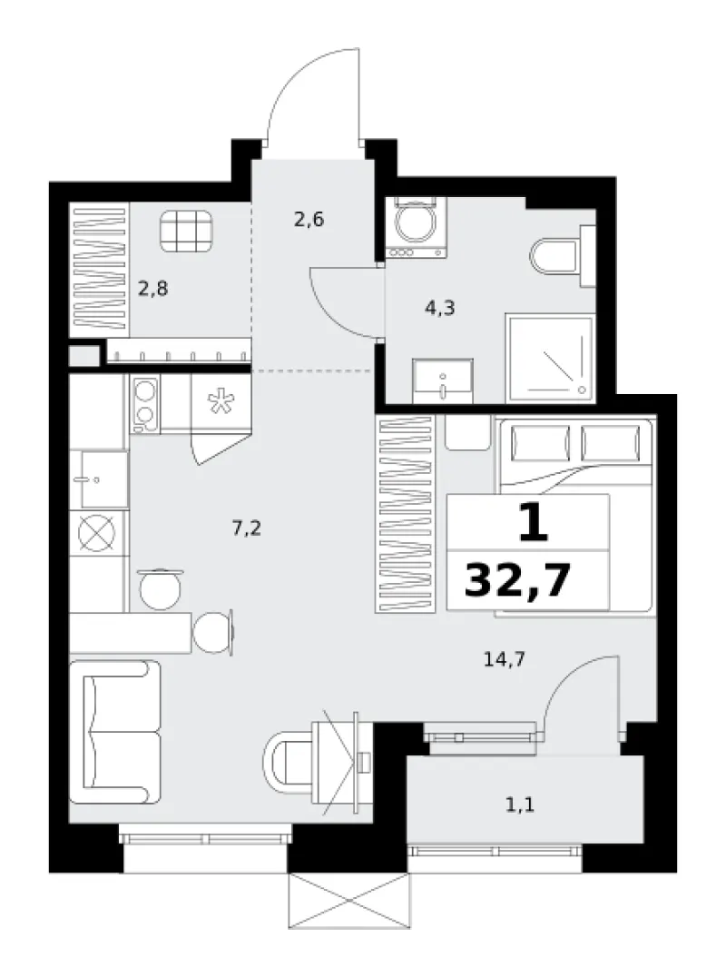 Студия 32.7 м²
