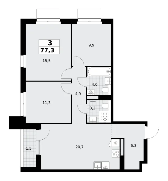 3-комн. 77.3 м²