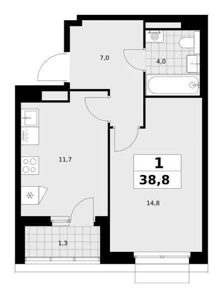 1-комн. 38.8 м²