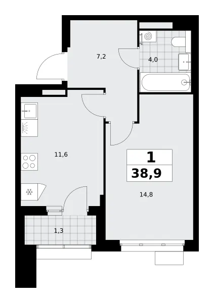 1-комн. 38.9 м²