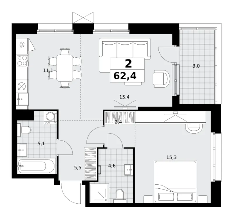2-комн. 62.4 м²