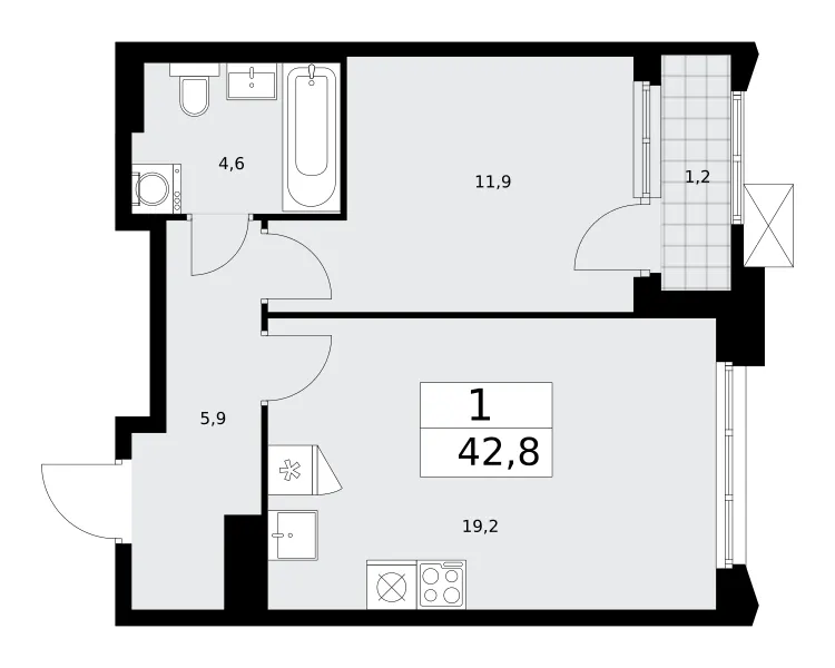 1-комн. 42.8 м²