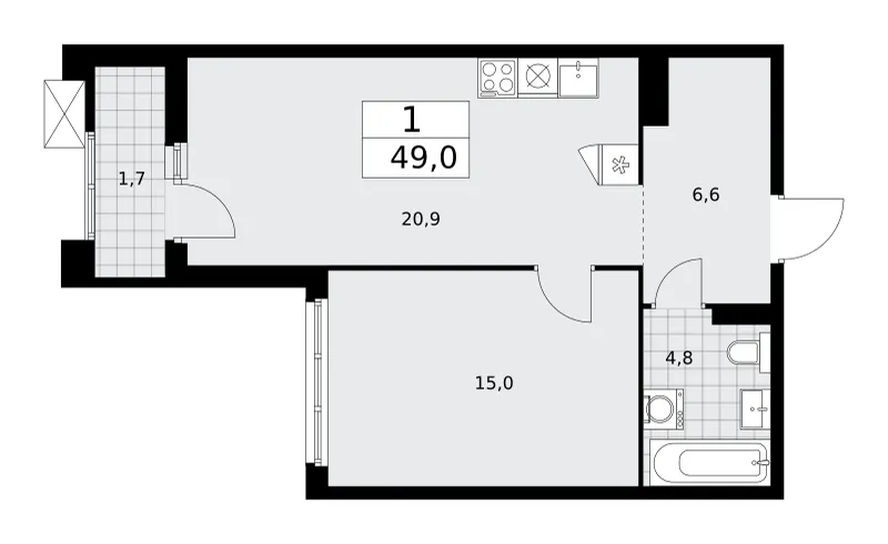 1-комн. 49 м²
