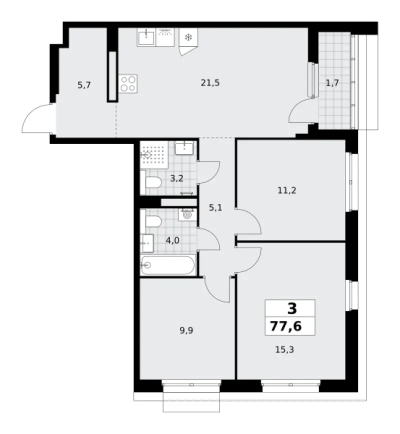 3-комн. 77.6 м²