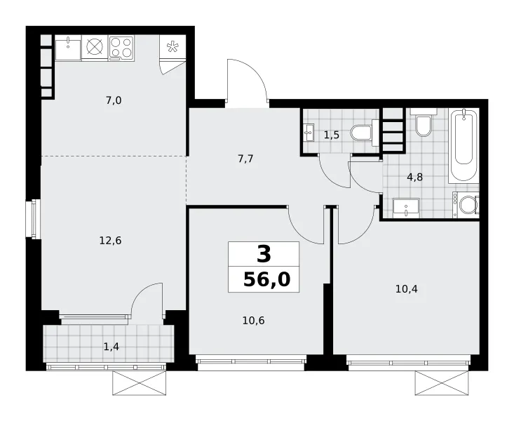3-комн. 56 м²