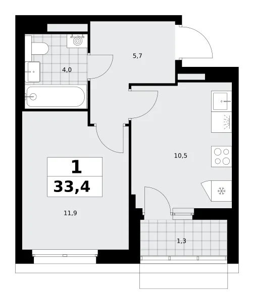 1-комн. 33.4 м²