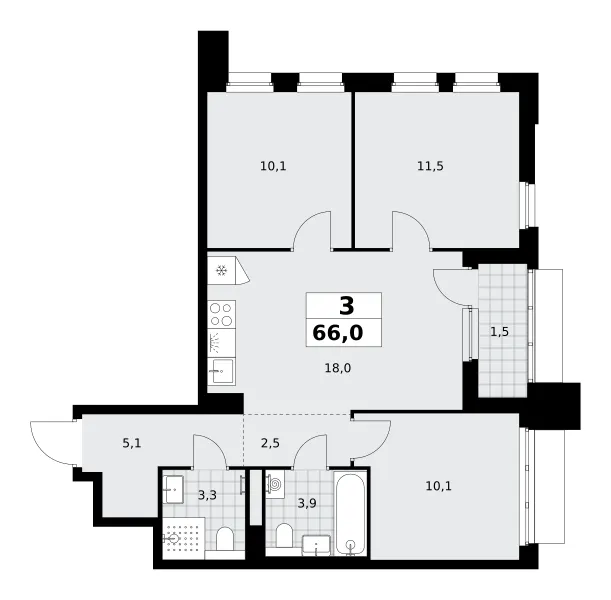 3-комн. 66 м²