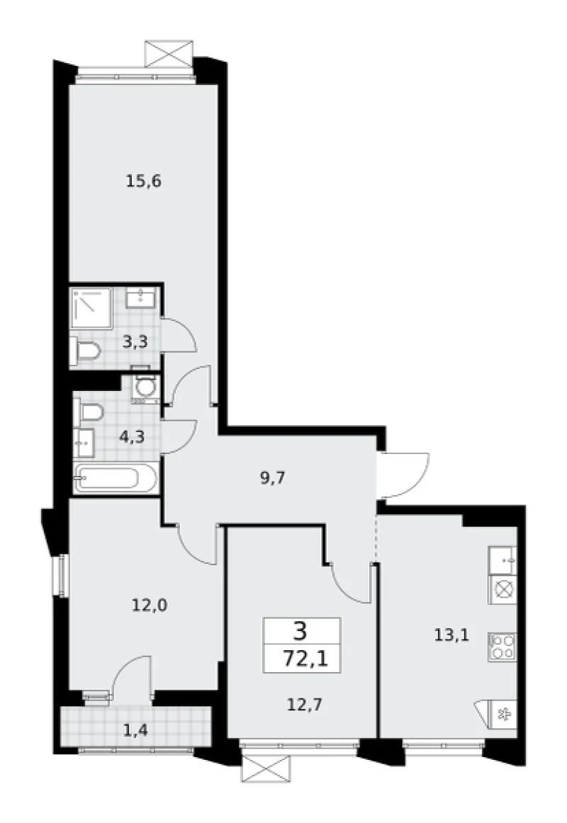 3-комн. 72.1 м²