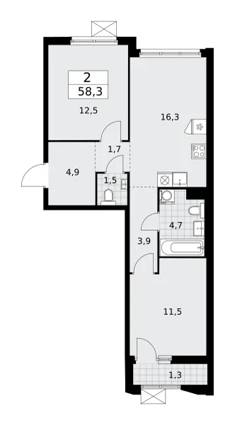 2-комн. 58.3 м²