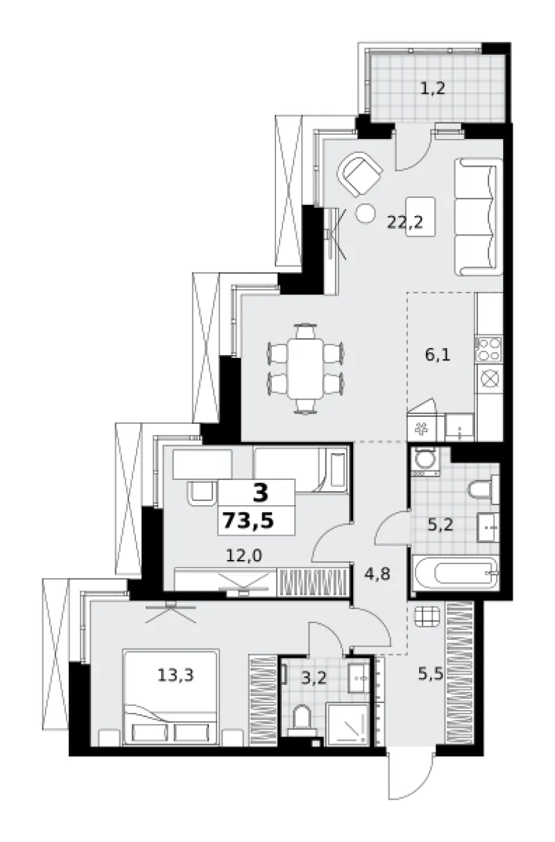 3-комн. 73.5 м²