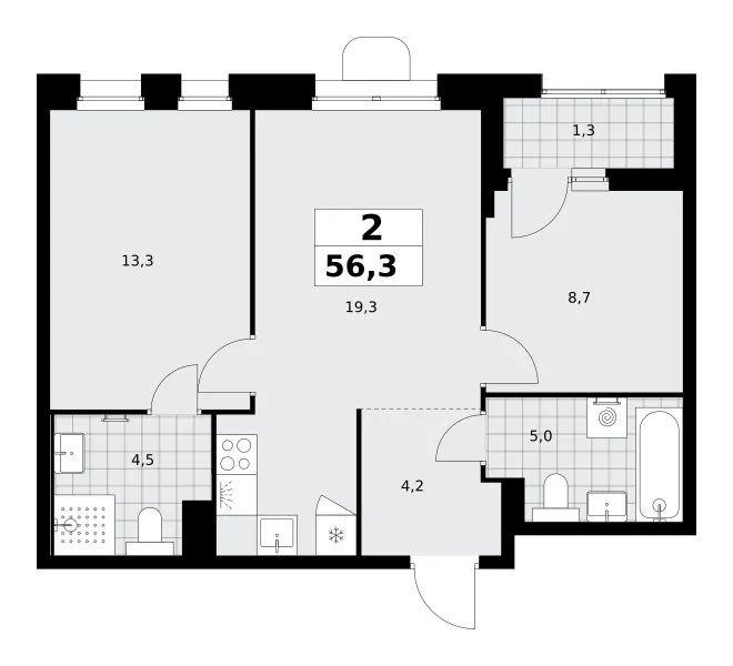 2-комн. 56.3 м²