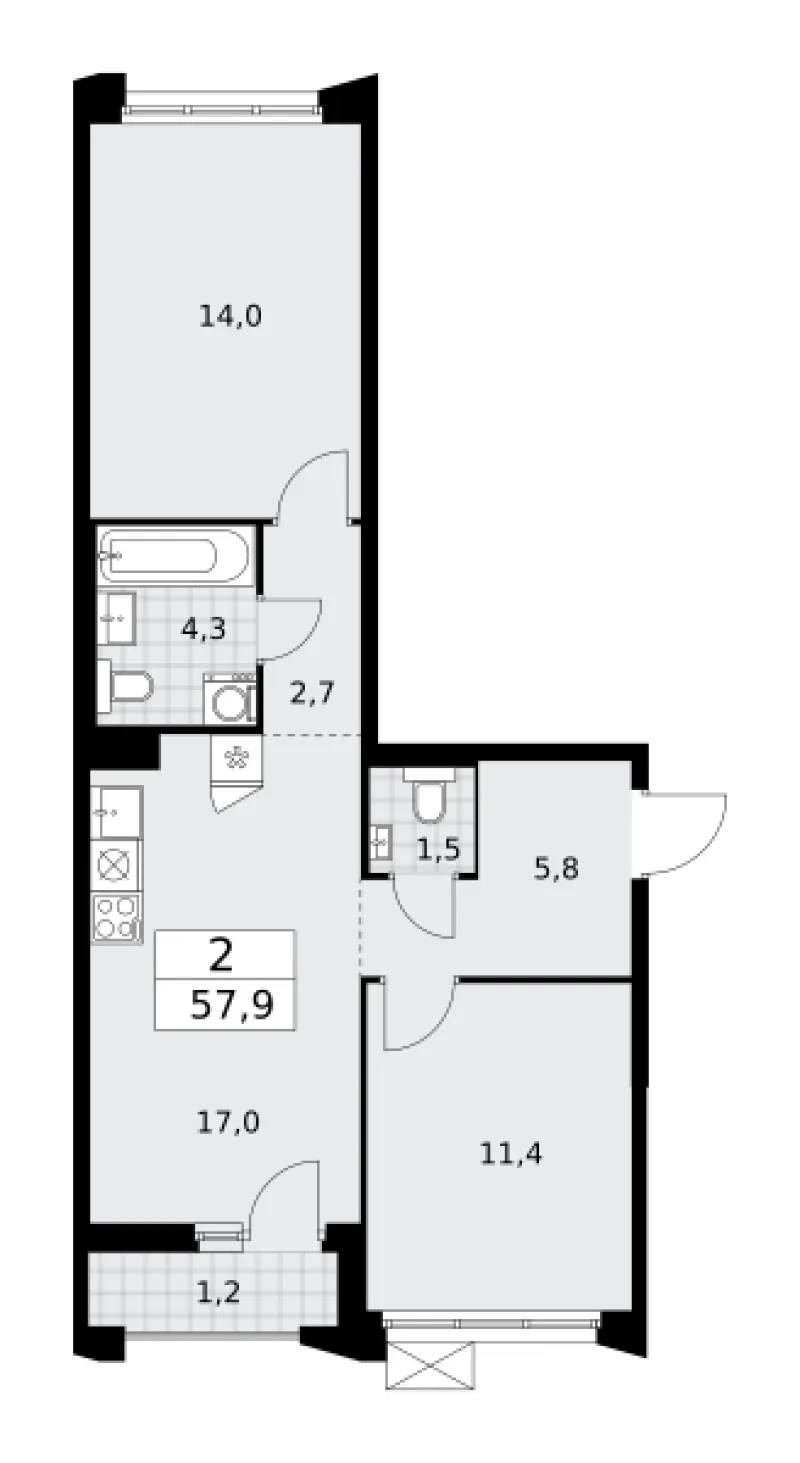 2-комн. 57.9 м²