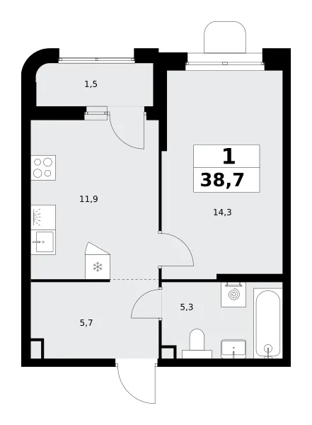 1-комн. 38.7 м²