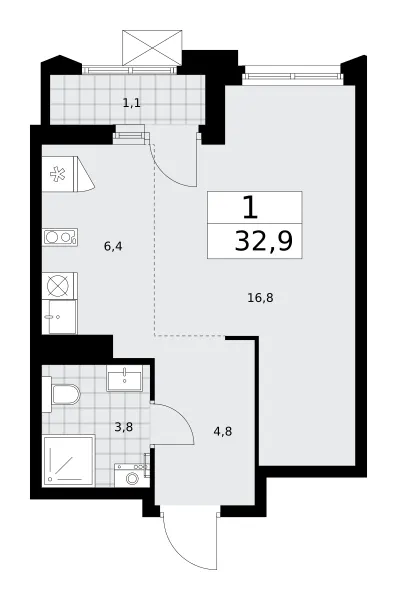 Студия 32.9 м²