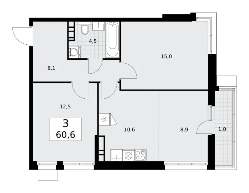 3-комн. 60.6 м²
