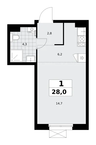 Студия 28 м²