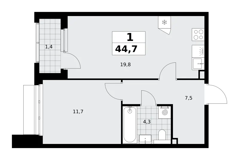 1-комн. 44.7 м²