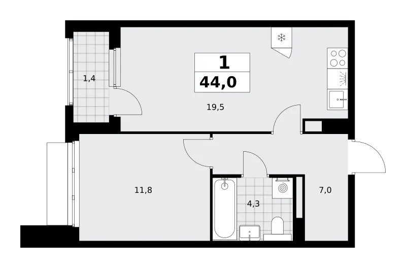 1-комн. 44 м²