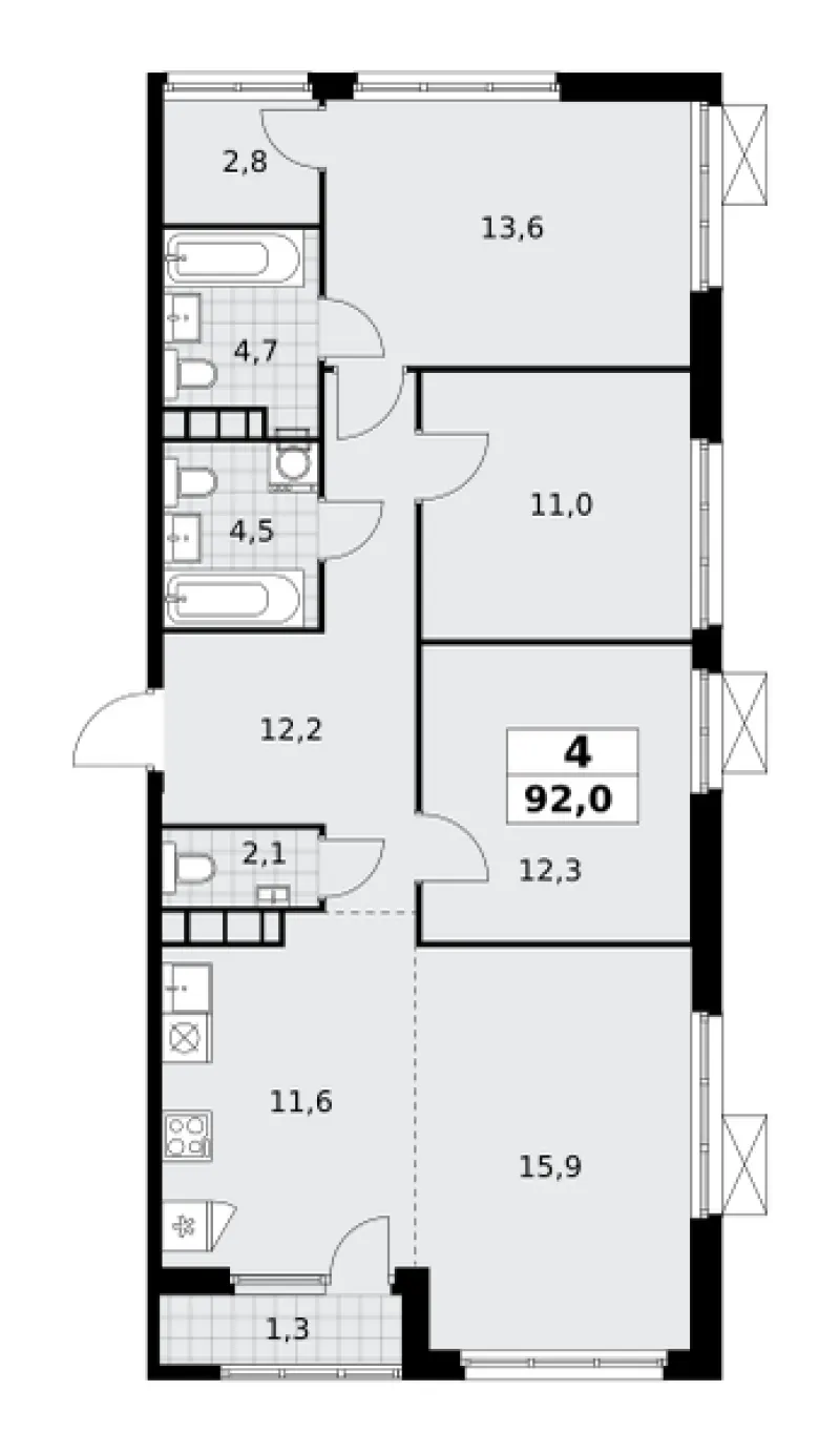 4-комн. 92 м²