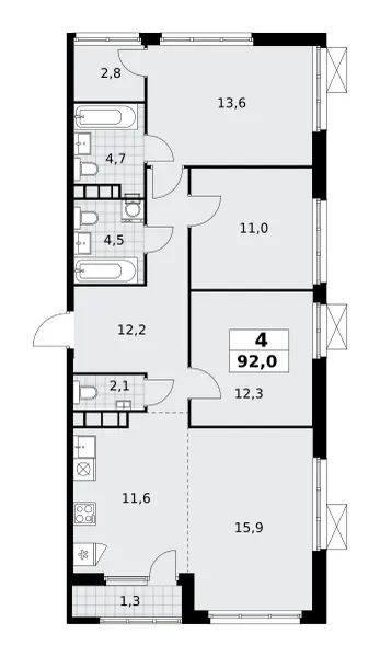 4-комн. 92 м²