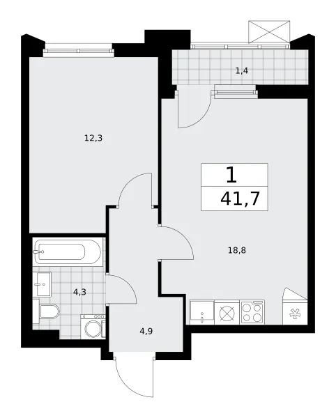 1-комн. 41.7 м²