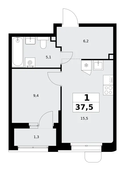 1-комн. 37.5 м²