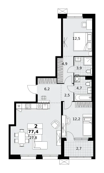 2-комн. 77.4 м²