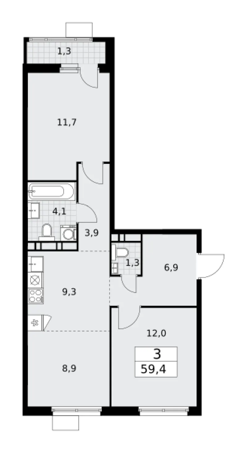 3-комн. 59.4 м²