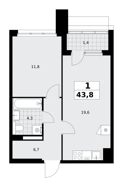 1-комн. 43.8 м²