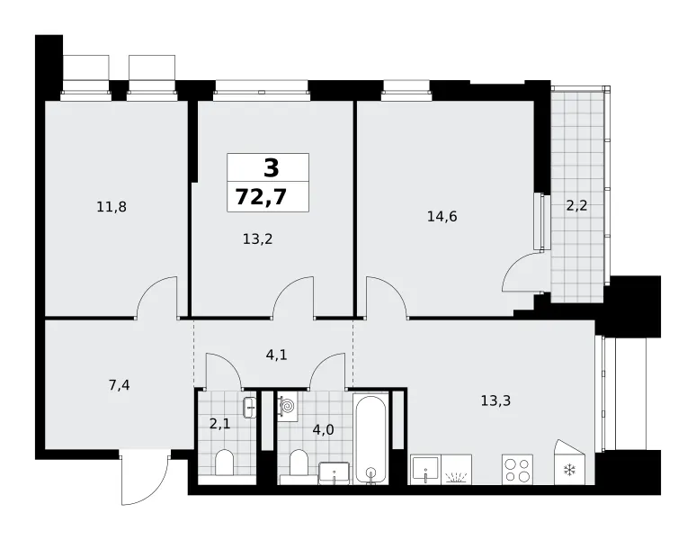 3-комн. 72.7 м²