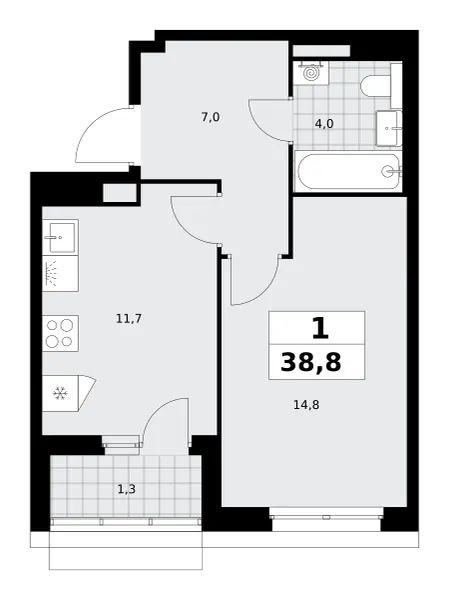 1-комн. 38.8 м²