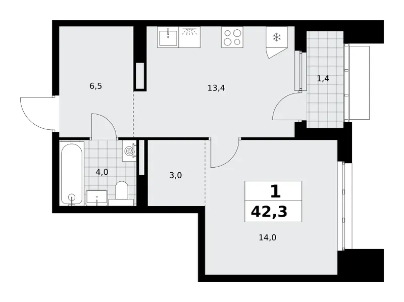 1-комн. 42.3 м²