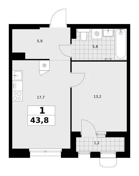 1-комн. 43.8 м²