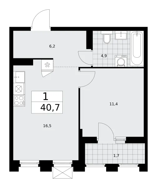 1-комн. 40.7 м²