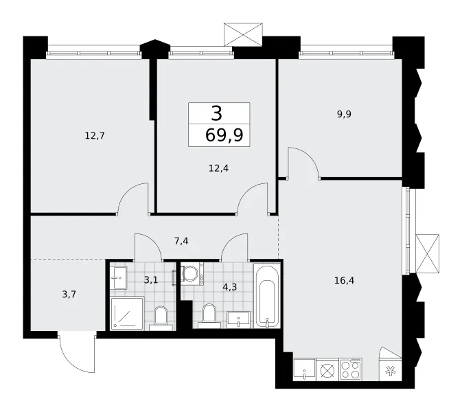 3-комн. 69.9 м²