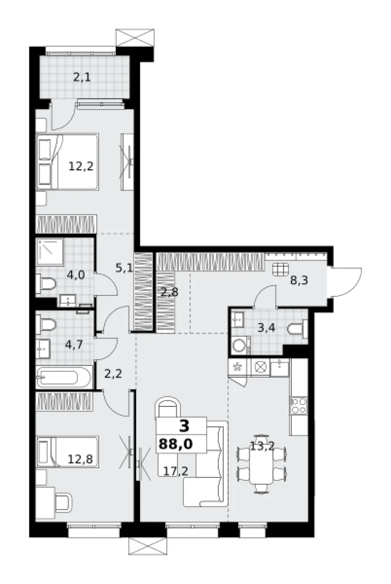 3-комн. 88 м²
