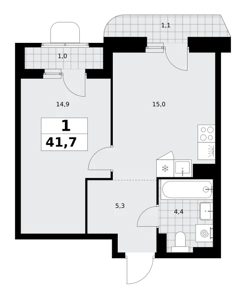 1-комн. 41.7 м²