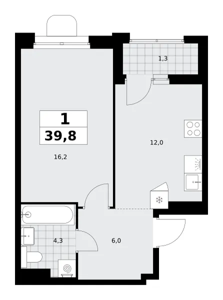 1-комн. 39.8 м²
