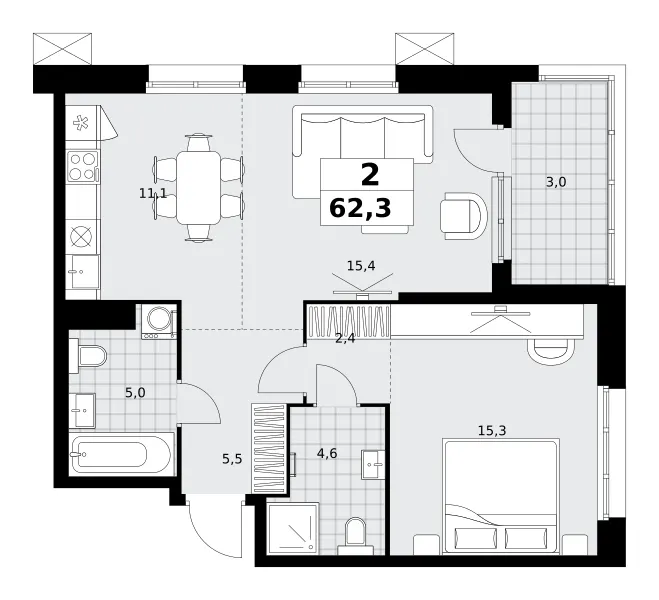 2-комн. 62.3 м²