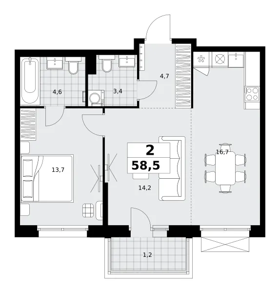 2-комн. 58.5 м²