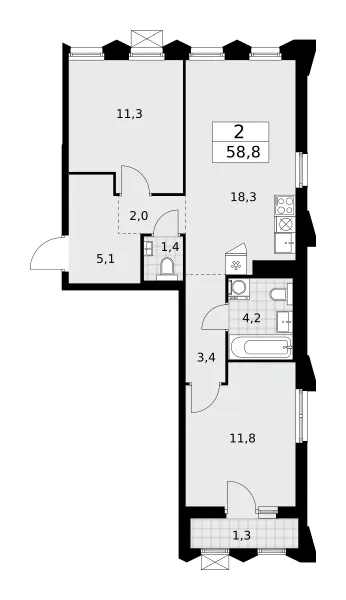 2-комн. 58.8 м²