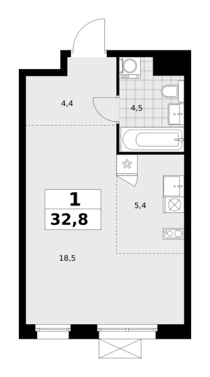 Студия 32.8 м²