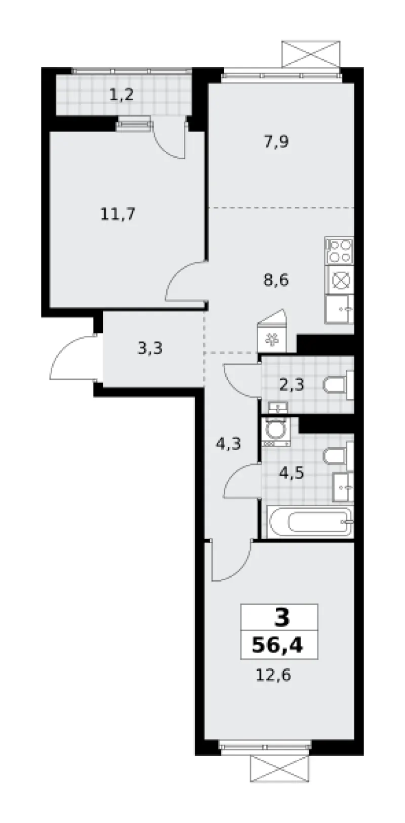3-комн. 56.4 м²