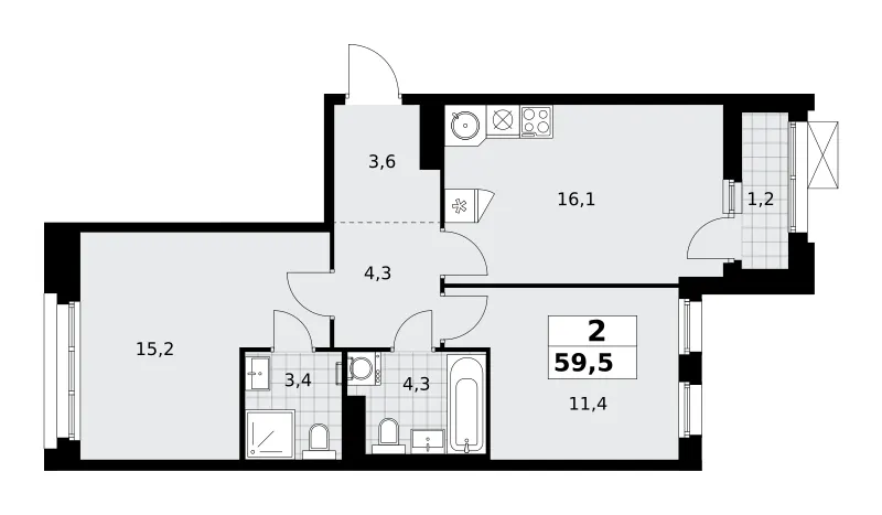 2-комн. 59.5 м²