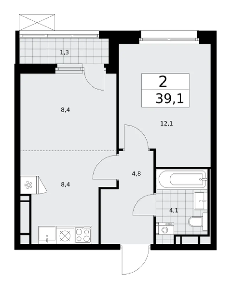 2-комн. 39.1 м²