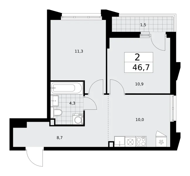 2-комн. 46.7 м²