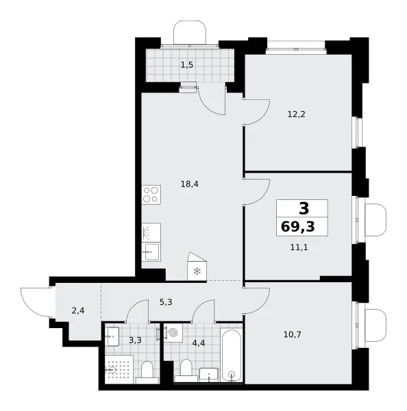 3-комн. 69.3 м²