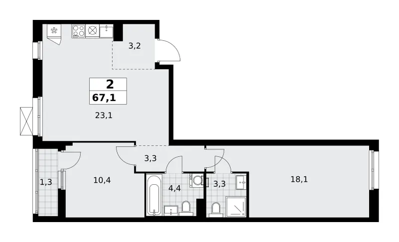 2-комн. 67.1 м²
